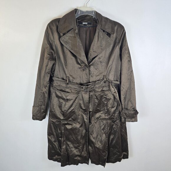 DKNY Womens Brown Trench Coat Lightweight Tie Waist Jacket Large - Picture 2 of 16
